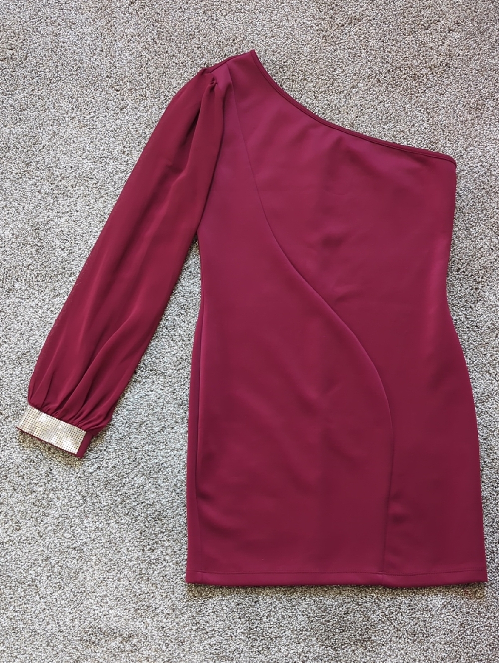 Maroon One Shoulder, Sheer Sleeve Bodycon Mini Dress